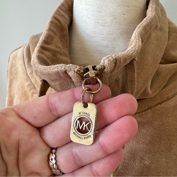 Michael Kors Tan and Gold Velvet Velour Funnel Neck Full-Zip Jacket - Picture 3 of 9
